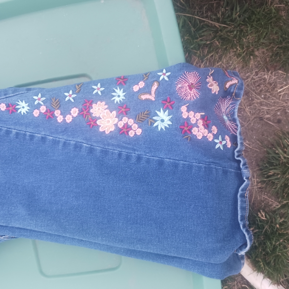 BAMBOO Blue Flare Jeans with Floral Embroidery and Distressed Hem